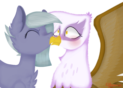 Size: 1064x759 | Tagged: safe, artist:4agonism, imported from derpibooru, gilda, limestone pie, earth pony, griffon, pony, :o, blushing, bust, cheek fluff, cheek kiss, chest fluff, cute, duo, ear fluff, eyes closed, female, gildadorable, gildastone, kissing, lesbian, limabetes, mare, open mouth, shipping, simple background, spread wings, surprised, those gay horses, white background, wide eyes, wings