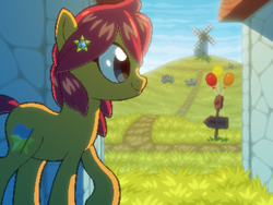 Size: 800x600 | Tagged: safe, artist:rangelost, imported from derpibooru, oc, oc only, oc:trailblazer, earth pony, cyoa:d20 pony, balloon, cyoa, earth pony oc, hairpin, offscreen character, pixel art, sign, story included, windmill