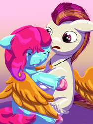Size: 1536x2048 | Tagged: safe, artist:the crystal artist, derpibooru exclusive, imported from derpibooru, earth pony, pegasus, pony, comforting, concerned, confused, crying, cute, duo, eyes closed, female, g5, gradient background, hoof polish, hug, jazz hooves, jewelry, lineless, looking at someone, looking down, male, mare, necklace, open mouth, pink background, rocky riff, sad, shading, simple background, spread wings, stallion, unshorn fetlocks, winghug, wings