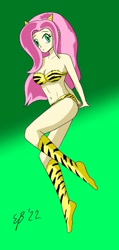 Size: 772x1621 | Tagged: safe, artist:cartoon-eric, imported from derpibooru, fluttershy, human, equestria girls, anime, bare shoulders, boots, clothes, cosplay, costume, gloves, green background, horns, lum invader, midriff, motorcross, shoes, simple background, sleeveless, strapless, tiger print, urusei yatsura