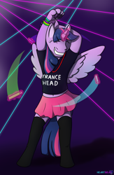 Size: 1300x2000 | Tagged: safe, artist:passionpanther, imported from derpibooru, twilight sparkle, alicorn, anthro, pony, series:plur is magic, clothes, dancing, glowstick, magic, magic aura, neon, party, rave, skirt, solo, spread wings, stockings, thigh highs, twilight sparkle (alicorn), wings