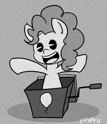 Size: 867x1000 | Tagged: safe, artist:empyu, imported from derpibooru, pinkie pie, pony, 15 minute art challenge, gray background, grayscale, monochrome, old timey, open mouth, rubber hose animation, simple background