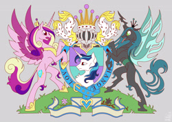 Size: 3500x2480 | Tagged: source needed, safe, artist:hilloty, imported from derpibooru, princess cadance, queen chrysalis, shining armor, alicorn, changeling, unicorn, crown, emblem, female, gray background, heraldry, jewelry, male, mare, regalia, simple background, stallion, tongue out, trio