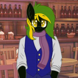 Size: 3650x3650 | Tagged: safe, artist:chubbehbunneh16, imported from derpibooru, oc, oc:vermont black, anthro, bar, clothes, male, scarf, solo, vest