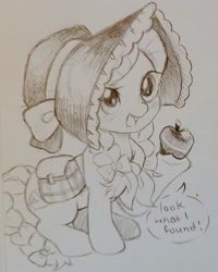 Size: 819x1024 | Tagged: safe, artist:horseyuris, imported from derpibooru, granny smith, earth pony, pony, adorasmith, apple, cute, dialogue, food, open mouth, open smile, smiling, solo, traditional art, young granny smith, younger