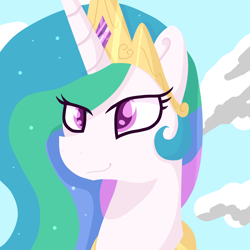 Size: 2022x2022 | Tagged: safe, artist:lindasaurie, derpibooru exclusive, imported from derpibooru, princess celestia, alicorn, pony, bust, crown, ethereal mane, eye clipping through hair, female, high res, jewelry, lineless, mare, regalia, simple background, sky, sky background, smiling, solo