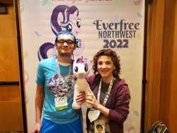 Size: 2048x1536 | Tagged: safe, artist:joshuarnolen, imported from derpibooru, starlight glimmer, trixie, human, clothes, everfree northwest, everfree northwest 2022, female, irl, irl human, kelly sheridan, lesbian, photo, plushie, shipping, shirt, startrix, voice actor