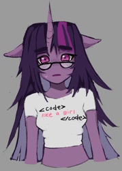 Size: 594x828 | Tagged: safe, artist:ken__006, imported from derpibooru, twilight sparkle, alicorn, anthro, clothes, floppy ears, looking at you, midriff, shirt, simple background, solo, twilight sparkle (alicorn)