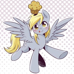 Size: 706x709 | Tagged: safe, artist:nekoshiei, imported from derpibooru, seven seas, derpy hooves, pegasus, pony, my little pony: the manga, spoiler:manga3, :p, abstract background, blushing, cute, derpabetes, female, floppy ears, food, looking at you, mare, muffin, my little pony: the manga volume 3, obligatory muffin, one ear down, silly, silly pony, solo, spread wings, tongue out, underhoof, wings