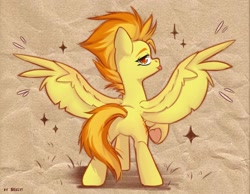 Size: 2700x2100 | Tagged: safe, artist:shelti, imported from derpibooru, spitfire, pegasus, pony, :p, butt, colored pupils, female, firebutt, hoof heart, looking at you, looking back, looking back at you, mare, plot, raised hoof, solo, spread wings, standing, tongue out, underhoof, wings