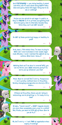 Size: 2048x4096 | Tagged: safe, idw, imported from derpibooru, pinkie pie, temperance flowerdew, twilight sparkle, alicorn, earth pony, pony, anti-sugar league, clothes, dialogue, dialogue box, english, event, female, folded wings, gameloft, glasses, horn, idw showified, mare, my little pony: magic princess, official, river, speech bubble, sword, text, twilight sparkle (alicorn), water, weapon, wings