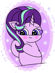 Size: 2304x3072 | Tagged: safe, artist:msbluejune, imported from derpibooru, starlight glimmer, pony, unicorn, blushing, colored, colored background, cute, eyebrows, eyebrows visible through hair, female, glimmerbetes, high res, mare, playing with hair, shy, shy smile, smiling, solo