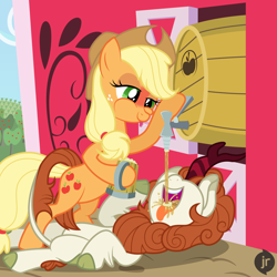 Size: 1920x1920 | Tagged: safe, artist:facelessjr, imported from derpibooru, applejack, autumn blaze, earth pony, kirin, pony, alcohol, barn, blushing, chest fluff, cider, cider mug, cloven hooves, drinking, drunk, drunk aj, duo, duo female, female, freckles, hat, horn, mare, mug, ponytail, raspberry, sweet apple acres, tail, tongue out, unshorn fetlocks