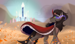 Size: 4096x2414 | Tagged: safe, artist:kebchach, imported from derpibooru, king sombra, pony, unicorn, autumn, autumn leaves, cape, clothes, leaves, male, solo, stallion, the crystal empire 10th anniversary