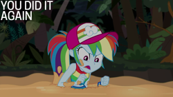 Size: 1920x1080 | Tagged: safe, edit, edited screencap, editor:quoterific, imported from derpibooru, screencap, rainbow dash, human, equestria girls, equestria girls series, spring breakdown, spoiler:eqg series (season 2), angry, baseball cap, cap, clothes, female, frustrated, hat, jungle, open mouth, quicksand, rainbow dash is not amused, shirt, sleeveless, sleeveless shirt, solo, unamused