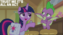 Size: 1920x1080 | Tagged: safe, edit, edited screencap, editor:quoterific, imported from derpibooru, screencap, spike, twilight sparkle, alicorn, dragon, pony, the point of no return, bag, duo, duo male and female, female, flying, frown, male, mare, open mouth, open smile, raised hoof, raised leg, saddle bag, smiling, spike is not amused, twilight sparkle (alicorn), unamused, winged spike, wings