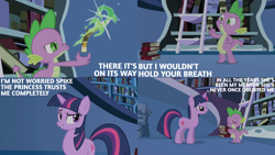 Size: 4400x2475 | Tagged: safe, edit, edited screencap, editor:quoterific, imported from derpibooru, screencap, spike, twilight sparkle, dragon, pony, unicorn, friendship is magic, book, bookshelf, confident, dragonfire, duo, duo male and female, eyes closed, female, fire, frown, grin, gritted teeth, implied princess celestia, ladder, male, mare, scroll, smiling, smug, smuglight sparkle, teeth, twilight's canterlot home, unicorn twilight