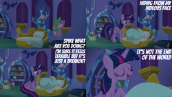 Size: 4400x2475 | Tagged: safe, edit, edited screencap, editor:quoterific, imported from derpibooru, screencap, spike, twilight sparkle, alicorn, dragon, pony, molt down, bed, duo, duo male and female, female, frown, hiding, male, mama twilight, open mouth, open smile, reassurance, smiling, spike's room, twilight sparkle (alicorn), twilight's castle