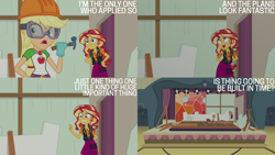 Size: 4400x2475 | Tagged: safe, edit, edited screencap, editor:quoterific, imported from derpibooru, screencap, applejack, sunset shimmer, human, constructive criticism, equestria girls, equestria girls series, clothes, cute, duo, duo female, female, geode of empathy, geode of super strength, goggles, grin, hammer, hard hat, hat, magical geodes, open mouth, open smile, shimmerbetes, smiling
