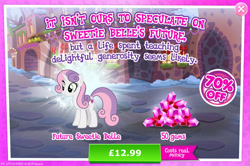 Size: 1958x1302 | Tagged: safe, imported from derpibooru, sweetie belle, pony, unicorn, advertisement, costs real money, english, female, gameloft, gem, horn, mare, my little pony: magic princess, numbers, official, older, older sweetie belle, sale, snow, solo, solo focus, text