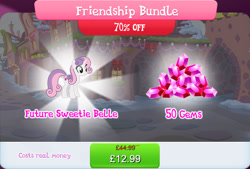 Size: 1270x861 | Tagged: safe, imported from derpibooru, sweetie belle, pony, unicorn, bundle, costs real money, english, female, gameloft, gem, horn, mare, my little pony: magic princess, numbers, official, older, older sweetie belle, sale, snow, solo, solo focus, text