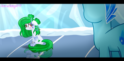 Size: 1707x850 | Tagged: safe, artist:fantasia-bases, artist:prismagalaxy514, imported from derpibooru, oc, oc:snow emerald, pegasus, pony, unicorn, accessory, base used, bun hairstyle, colored wings, crossover, fake screencap, gradient hooves, gradient wings, ice, johnny test, movie accurate, solo, teary eyes, wings