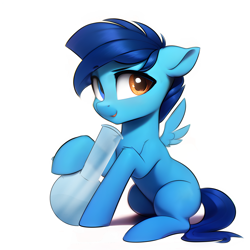 Size: 2048x2048 | Tagged: safe, artist:japkozjad, imported from derpibooru, oc, oc only, oc:apply, pegasus, pony, adorable face, ai assisted, ai content, ai generated, blue mane, bong, cute, drugs, heterochromia, marijuana, pegasus oc, shading, simple background, smiling, solo, spread wings, white background, wings