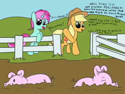 Size: 1000x750 | Tagged: safe, artist:amateur-draw, imported from derpibooru, oc, oc:belle boue, earth pony, pig, pony, unicorn, female, fence, hat, mammal, mare, mud, pig pen, text