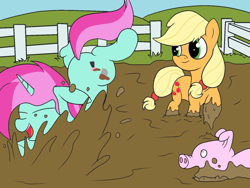 Size: 1000x750 | Tagged: safe, artist:amateur-draw, imported from derpibooru, applejack, oc, oc:belle boue, earth pony, pig, pony, unicorn, covered in mud, female, fence, mammal, mare, mud, mud bath, mud play, mud pony, muddy, pig pen, wet and messy