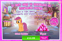 Size: 1957x1292 | Tagged: safe, imported from derpibooru, scootaloo, pegasus, pony, advertisement, costs real money, english, female, gameloft, gem, mare, my little pony: magic princess, numbers, official, older, older scootaloo, sale, small wings, snow, solo, solo focus, spread wings, text, wings