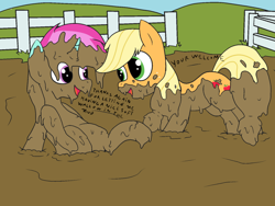 Size: 1000x750 | Tagged: safe, artist:amateur-draw, imported from derpibooru, applejack, oc, oc:belle boue, earth pony, pony, unicorn, covered in mud, female, fence, mare, mud, mud bath, mud play, mud pony, muddy, pig pen, text, wet and messy