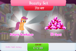 Size: 1267x856 | Tagged: safe, imported from derpibooru, scootaloo, pegasus, pony, bundle, costs real money, english, female, gameloft, gem, mare, my little pony: magic princess, numbers, official, older, older scootaloo, sale, small wings, snow, solo, solo focus, spread wings, text, wings