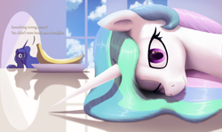 Size: 3367x2012 | Tagged: safe, artist:suhar, imported from derpibooru, princess celestia, princess luna, alicorn, pony, banana, cloud, female, food, horn, mare, multicolored mane, one eye closed, table, tired, window