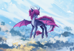 Size: 4500x3076 | Tagged: safe, artist:weird--fish, imported from derpibooru, oc, oc only, oc:scarlet rain, dracony, dragon, hybrid, original species, series:time's arrow, bat wings, commission, flying, horns, solo, wings