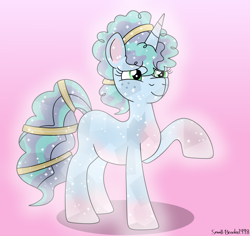 Size: 2862x2699 | Tagged: safe, artist:galaxydonate, artist:lynnthenerdkitty, artist:paddysparkle, artist:small-brooke1998, imported from derpibooru, pony, unicorn, spoiler:g5, alternate hairstyle, collaboration, crystallized, female, freckles, g5, mare, misty brightdawn, raised hoof, smiling, solo, the crystal empire 10th anniversary