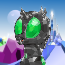 Size: 4000x4000 | Tagged: safe, artist:rumstone, imported from derpibooru, oc, oc:rumstone, changeling, crystal pony, blurry background, changeling oc, crystal changeling, crystal corn, crystal empire, crystal palace, crystallized, gem, gemstones, green changeling, shine, the crystal empire 10th anniversary