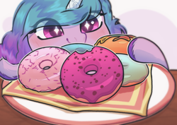 Size: 3508x2480 | Tagged: safe, artist:auroracursed, imported from derpibooru, izzy moonbow, pony, unicorn, cute, donut, eye clipping through hair, female, food, g5, high res, izzybetes, mare, napkin, plate, smiling, solo, sparkles