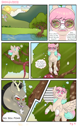 Size: 1988x3200 | Tagged: safe, artist:dozyarts, imported from derpibooru, discord, oc, oc:dozy, draconequus, pegasus, pony, comic:dozy, comic, female, mare, tree