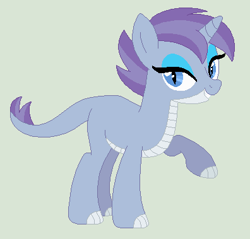 Size: 396x379 | Tagged: safe, artist:sarabeanadopts, imported from derpibooru, oc, oc only, unnamed oc, dracony, hybrid, unicorn, base used, claw hooves, eyeshadow, female, green background, horn, interspecies offspring, looking at you, makeup, mare, offspring, parent:rarity, parent:spike, parents:sparity, simple background, slit pupils, smiling, smiling at you, solo
