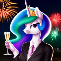 Size: 1024x1024 | Tagged: safe, editor:dovakkins, imported from derpibooru, princess celestia, alicorn, anthro, ai content, ai generated, beautiful, business suit, champagne glass, clothes, crown, female, fireworks, generator:stable diffusion, jewelry, necktie, night, regalia, smiling