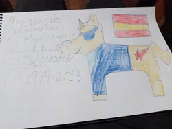 Size: 4000x3000 | Tagged: safe, artist:super-coyote1804, imported from derpibooru, pony, unicorn, clothes, eyepatch, flag, formula 1, maria de villota, memorial, pencil drawing, photo, ponified, shirt, solo, spain, traditional art