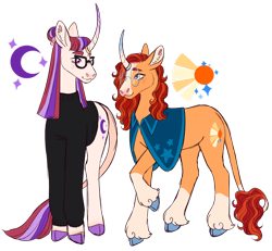 Size: 1280x1183 | Tagged: safe, artist:s0ftserve, imported from derpibooru, moondancer, sunburst, classical unicorn, pony, unicorn, cape, clothes, cloven hooves, colored hooves, curved horn, duo, glasses, horn, horn jewelry, jewelry, leonine tail, simple background, sunstone (g4 r63 sunburst), sweater, transgender, transparent background, unshorn fetlocks