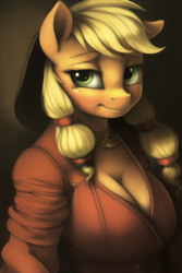Size: 512x768 | Tagged: safe, imported from derpibooru, applejack, anthro, earth pony, ai content, ai generated, breasts, busty applejack, cleavage, clothes, jewelry, lidded eyes, necklace, smiling, solo