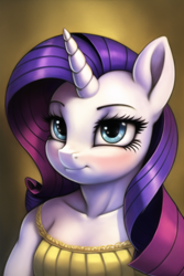 Size: 512x768 | Tagged: safe, imported from derpibooru, rarity, anthro, unicorn, ai content, ai generated, blushing, clothes, dress, lidded eyes, smiling, solo