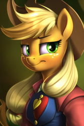 Size: 512x768 | Tagged: safe, imported from derpibooru, applejack, anthro, earth pony, ai content, ai generated, applejack's hat, clothes, cowboy hat, hat, lidded eyes, looking back, smiling, solo