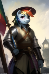 Size: 768x1152 | Tagged: safe, imported from derpibooru, rainbow dash, anthro, ai content, ai generated, armor, female, flag, hat, horn, smiling, solo, weapon