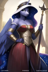 Size: 768x1152 | Tagged: safe, imported from derpibooru, princess luna, alicorn, anthro, ai content, ai generated, armlet, armor, breasts, busty princess luna, cleavage, clothes, dress, female, hand on hip, hat, jewelry, looking at you, mare, mismatched wings, small breasts, smiling, solo, staff