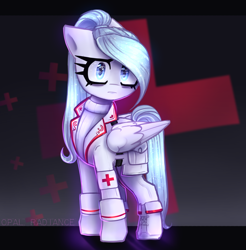 Size: 2100x2130 | Tagged: safe, artist:opal_radiance, imported from derpibooru, oc, oc:opal rosamond, pegasus, pony, clothes, doctor, solo, suit, white