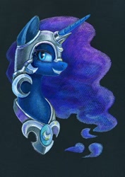 Size: 777x1100 | Tagged: safe, artist:maytee, imported from derpibooru, nightmare moon, alicorn, pony, black background, bust, colored pencil drawing, grin, portrait, simple background, smiling, solo, traditional art