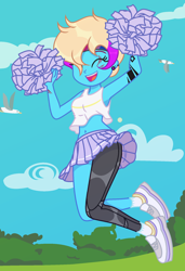 Size: 1412x2064 | Tagged: safe, artist:c1trine, artist:yaya54320bases, imported from derpibooru, oc, oc only, oc:machiko, human, equestria girls, amputee, armpits, belly button, bush, cheerleader, cheerleader outfit, clothes, cloud, commission, ear piercing, earring, equestria girls-ified, eye scar, eyes closed, facial scar, female, headband, jewelry, midriff, open mouth, piercing, pom pom, prosthetic leg, prosthetic limb, prosthetics, scar, shoes, skirt, sky, sneakers, socks, solo, tanktop, tattoo, ych result